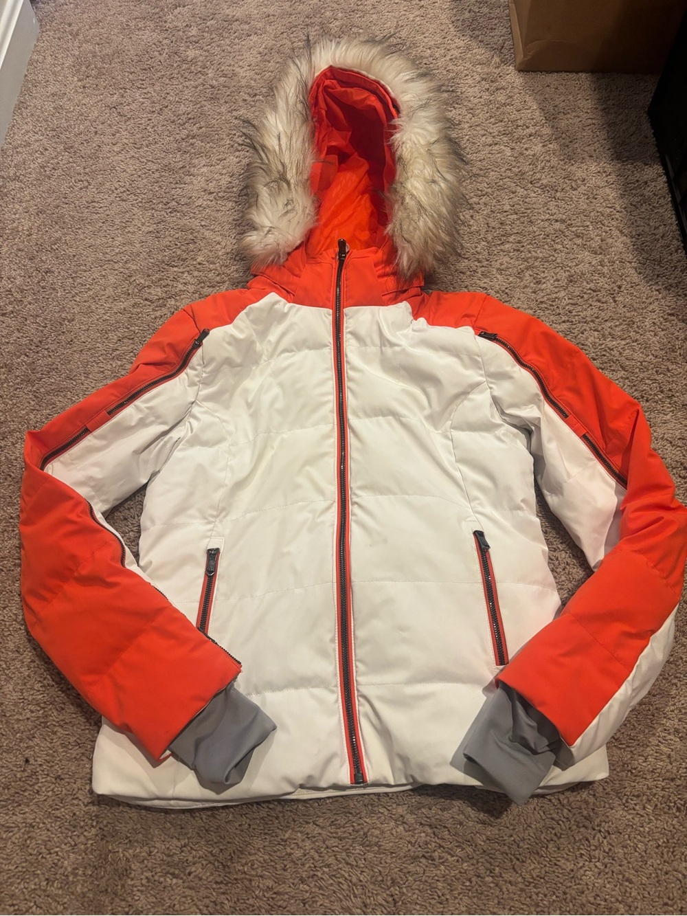 Spyder White and Orange Ski Jacket with Faux Fur Hood